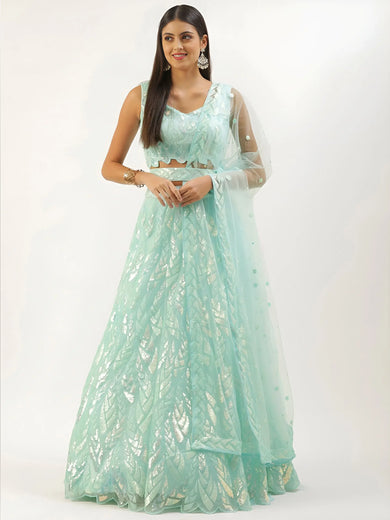 Outstanding Sky Blue Sequins Net Lehenga Choli With Dupatta